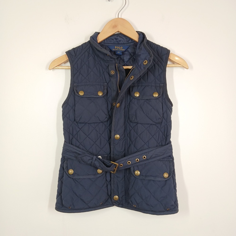 Polo Ralph Lauren Vest Womens Medium Blue Quilted Belted Snap Front Puffer Vest